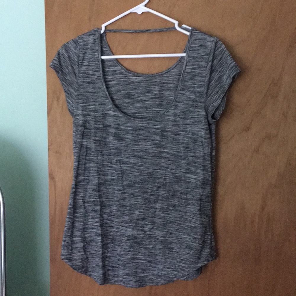 Thin grey tee shirt with open back detail